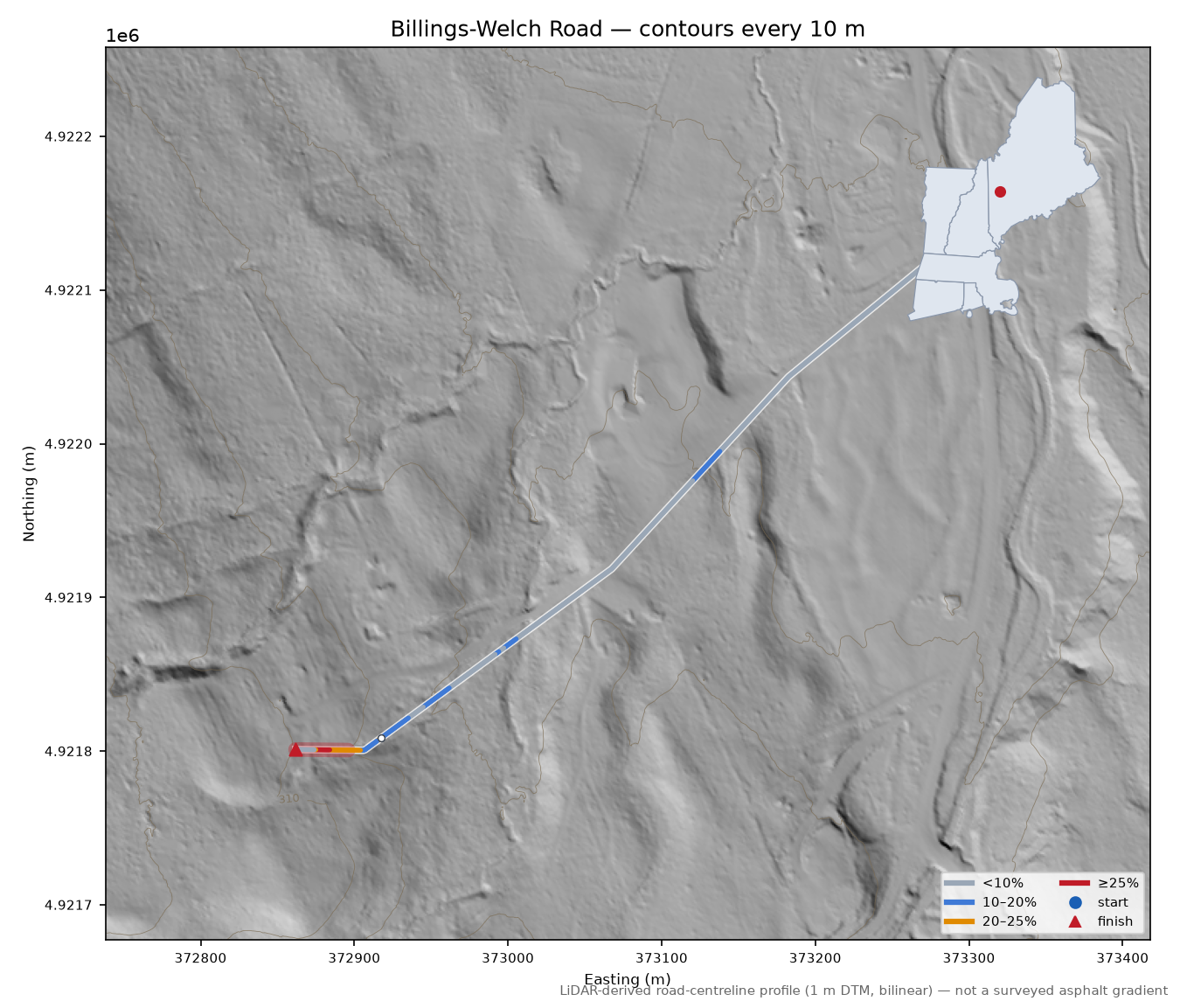 Billings-Welch Road LiDAR hillshade map with contours