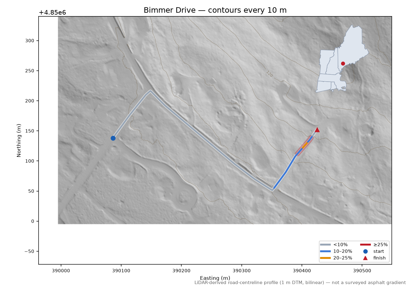 Bimmer Drive LiDAR hillshade map with contours
