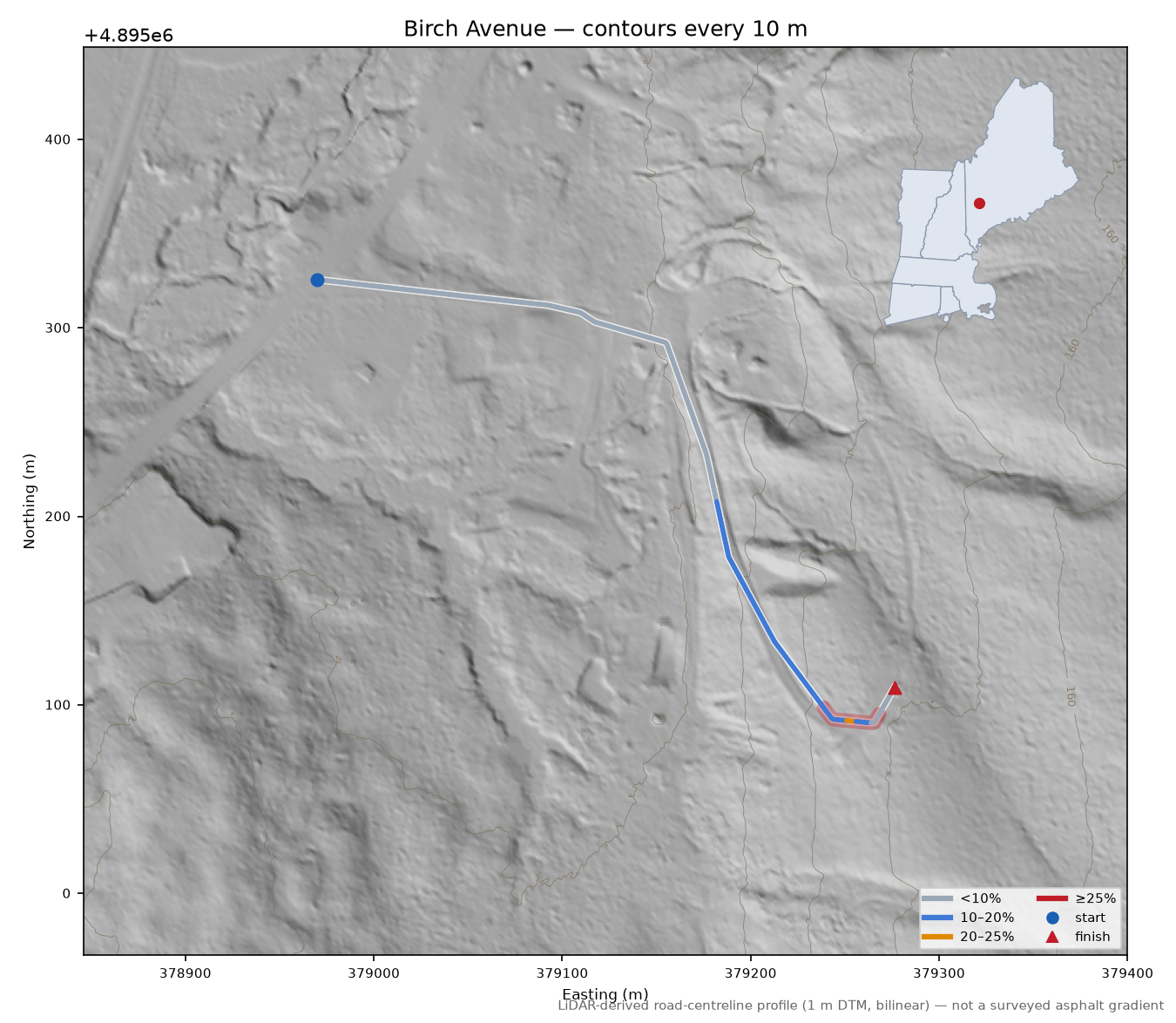 Birch Avenue LiDAR hillshade map with contours