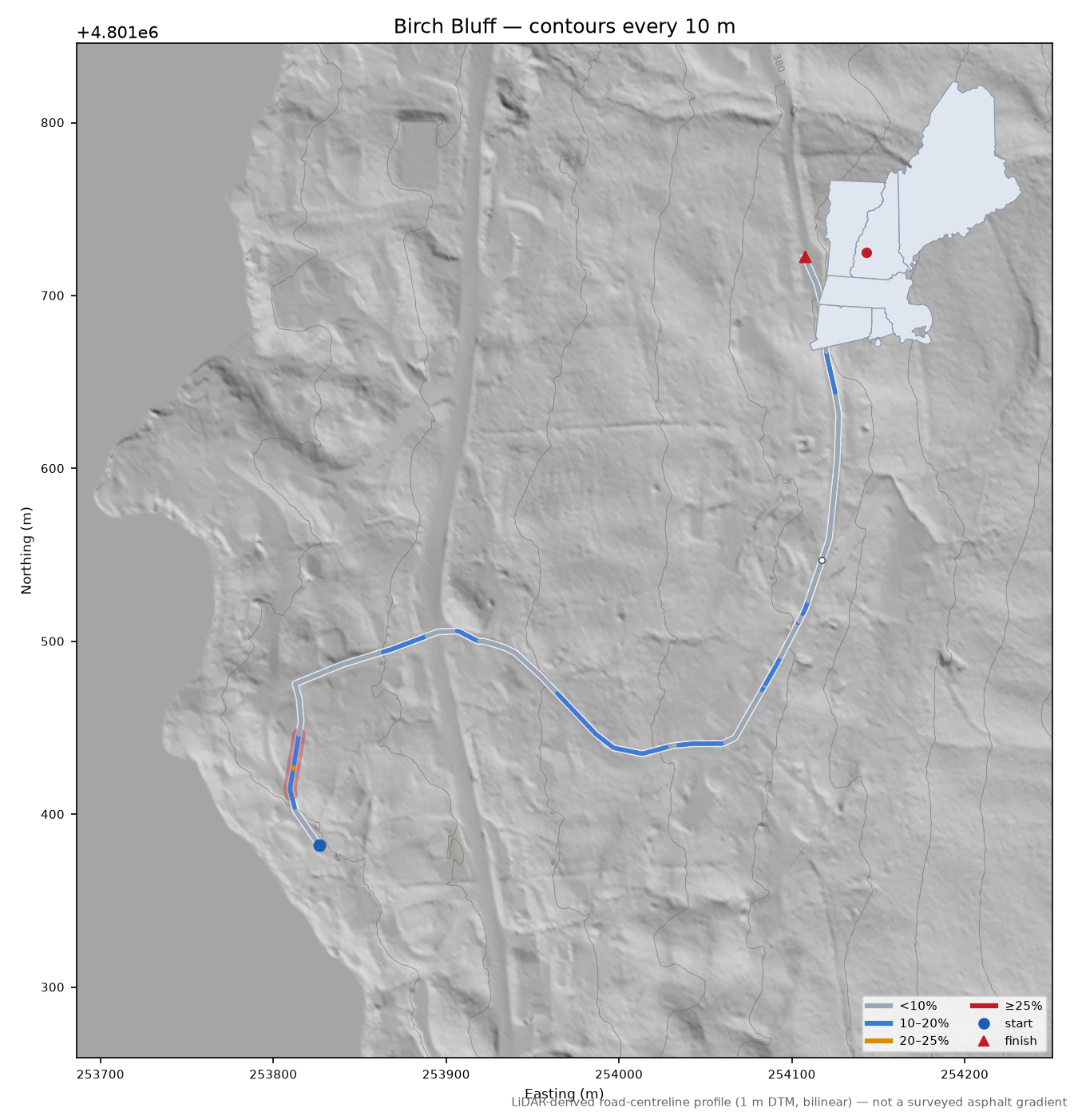 Birch Bluff LiDAR hillshade map with contours