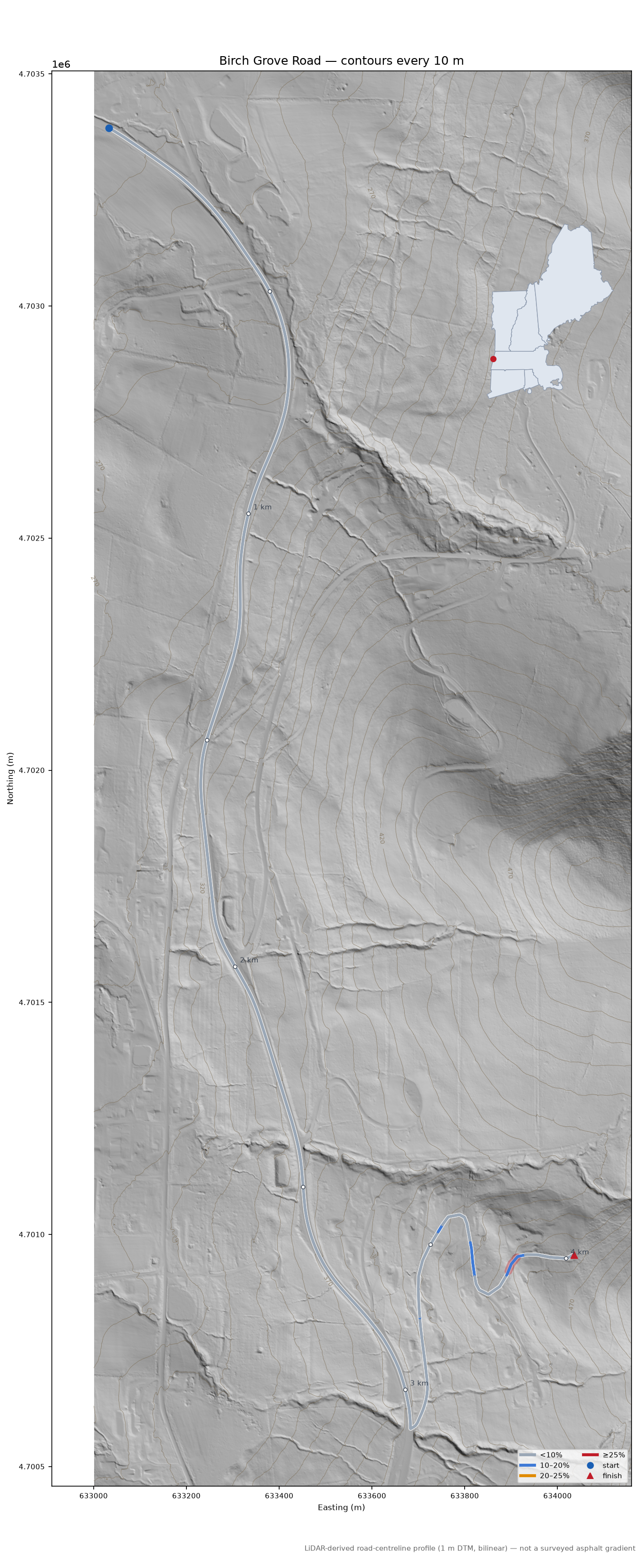 Birch Grove Road LiDAR hillshade map with contours