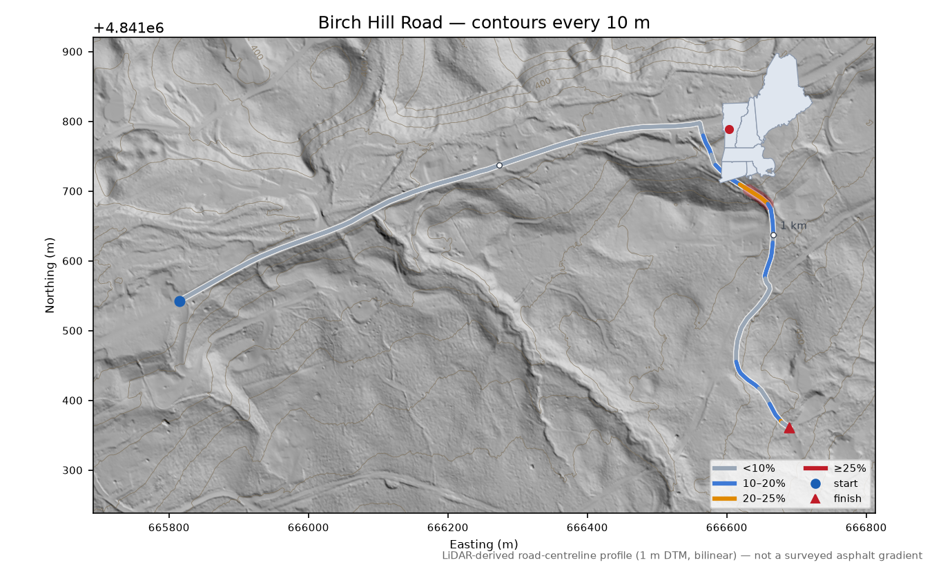 Birch Hill Road LiDAR hillshade map with contours