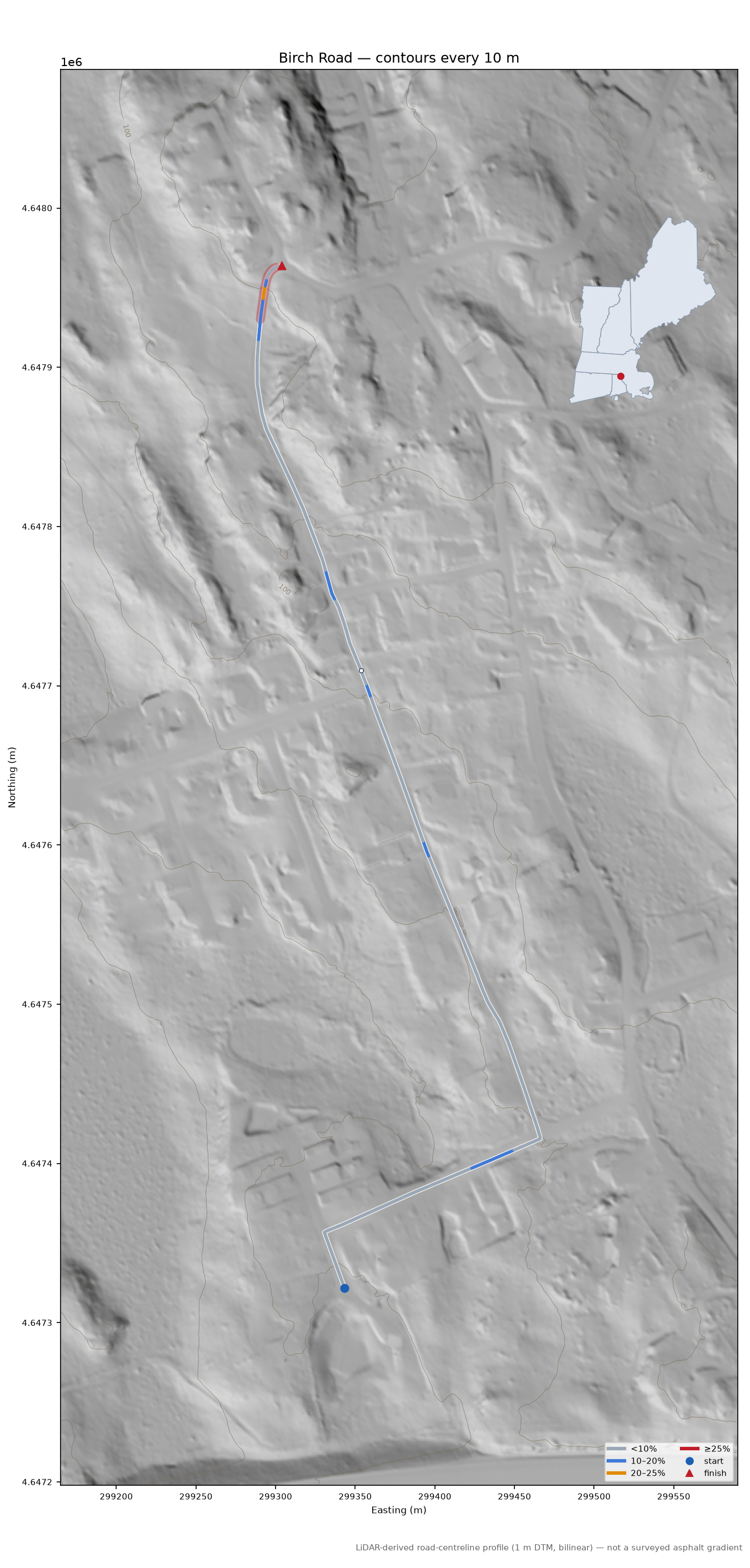 Birch Road LiDAR hillshade map with contours