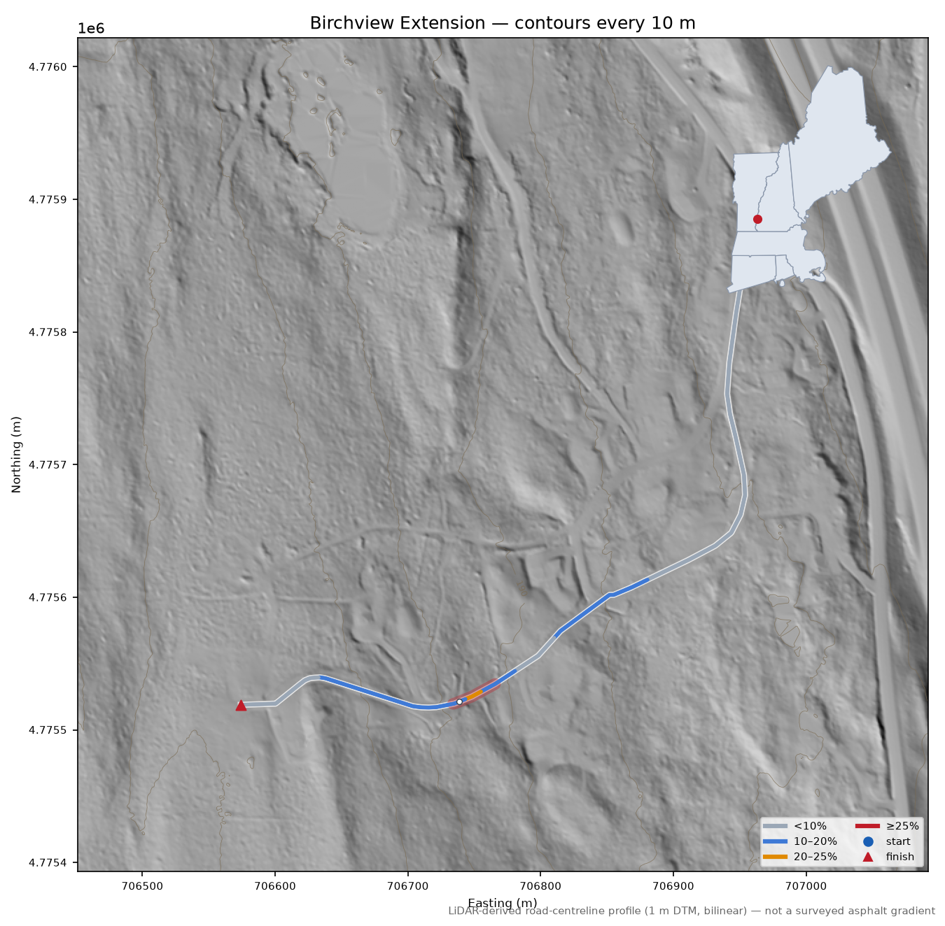 Birchview Extension LiDAR hillshade map with contours