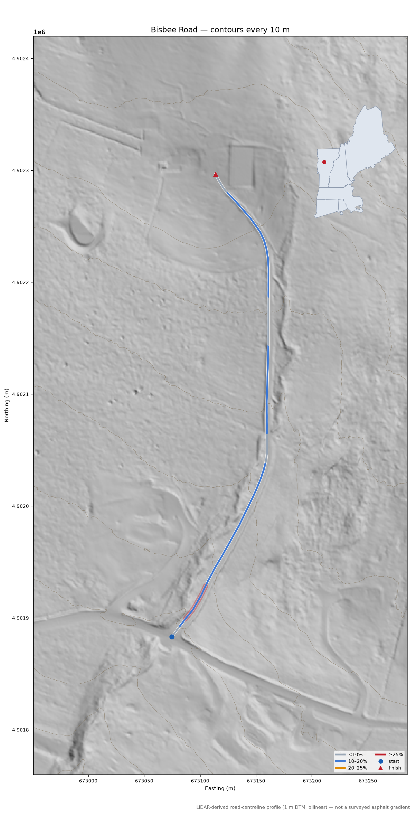 Bisbee Road LiDAR hillshade map with contours