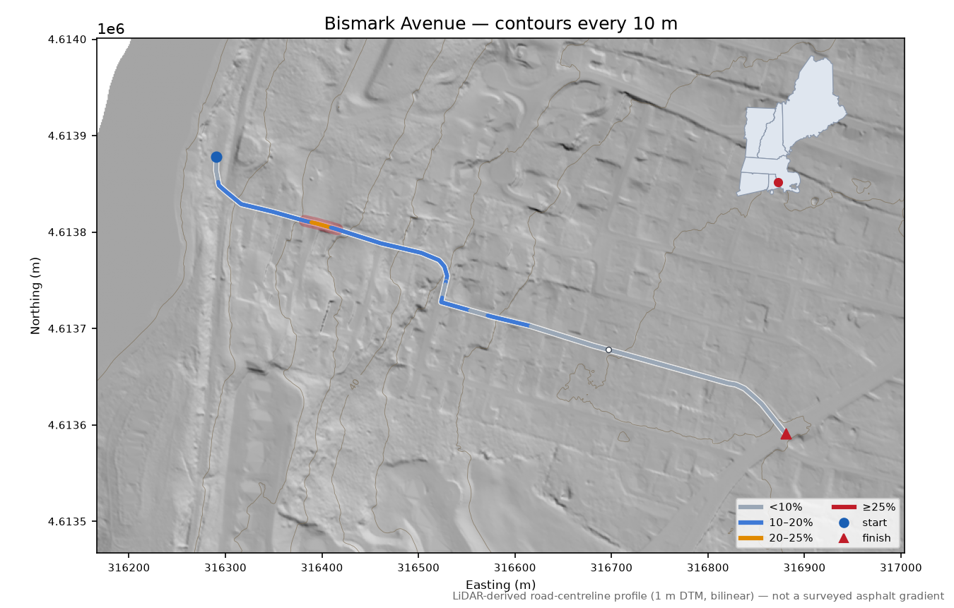 Bismark Avenue LiDAR hillshade map with contours