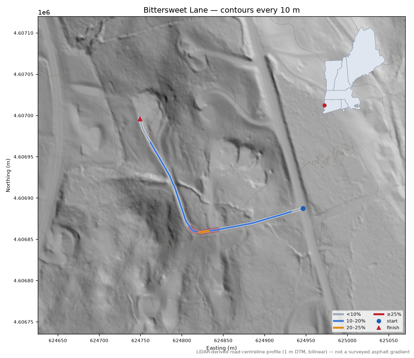 Bittersweet Lane LiDAR hillshade map with contours