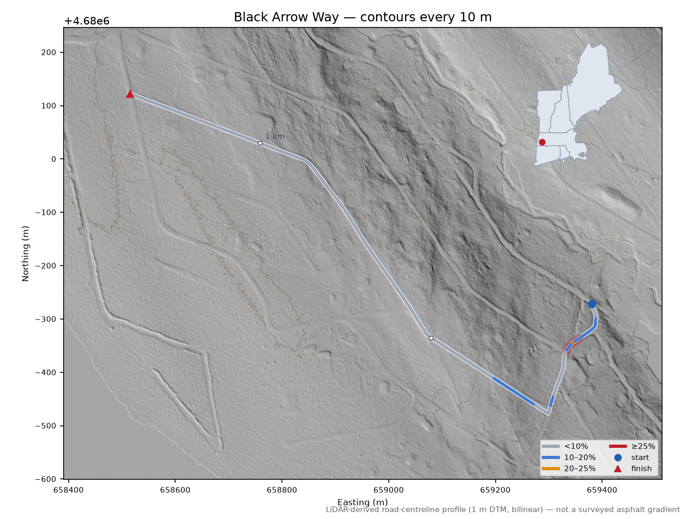 Black Arrow Way LiDAR hillshade map with contours