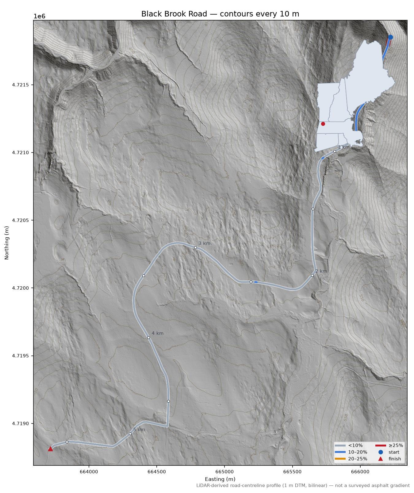 Black Brook Road LiDAR hillshade map with contours