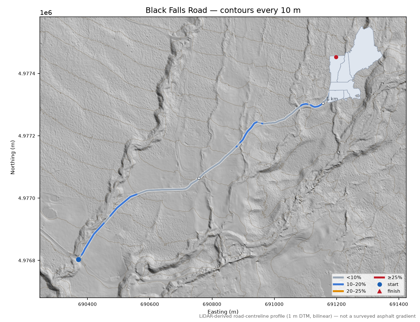 Black Falls Road LiDAR hillshade map with contours