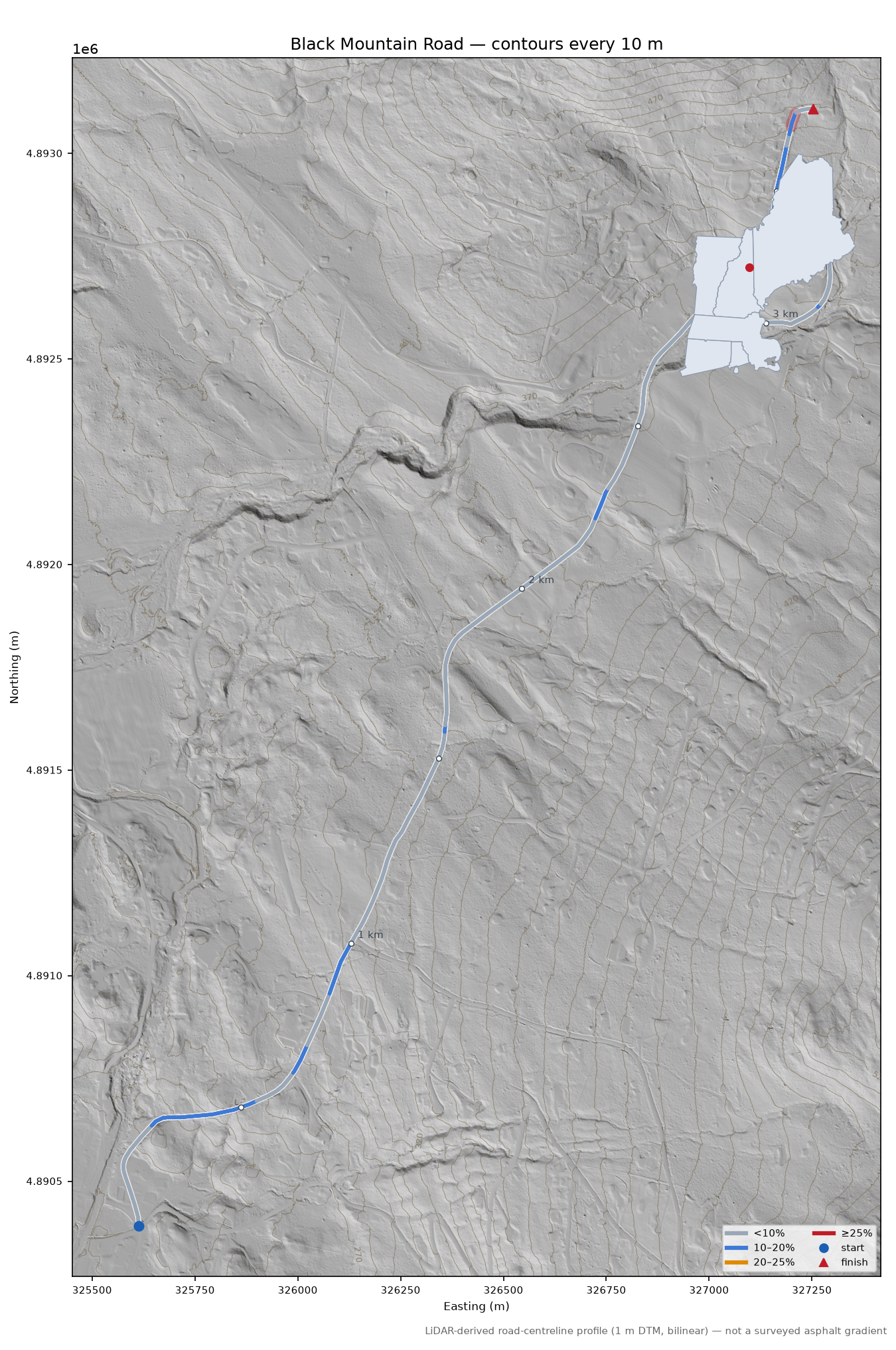 Black Mountain Road LiDAR hillshade map with contours