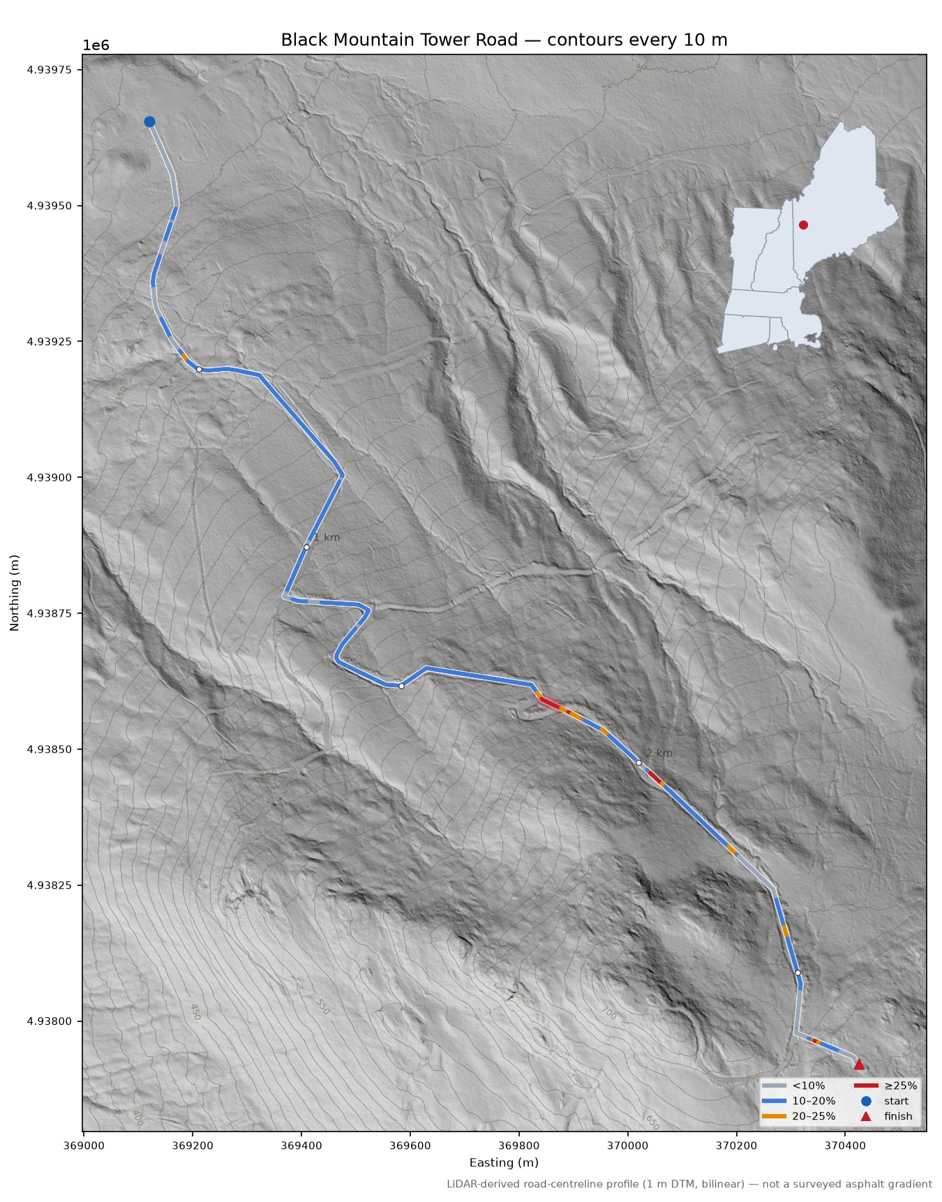 Black Mountain Tower Road LiDAR hillshade map with contours