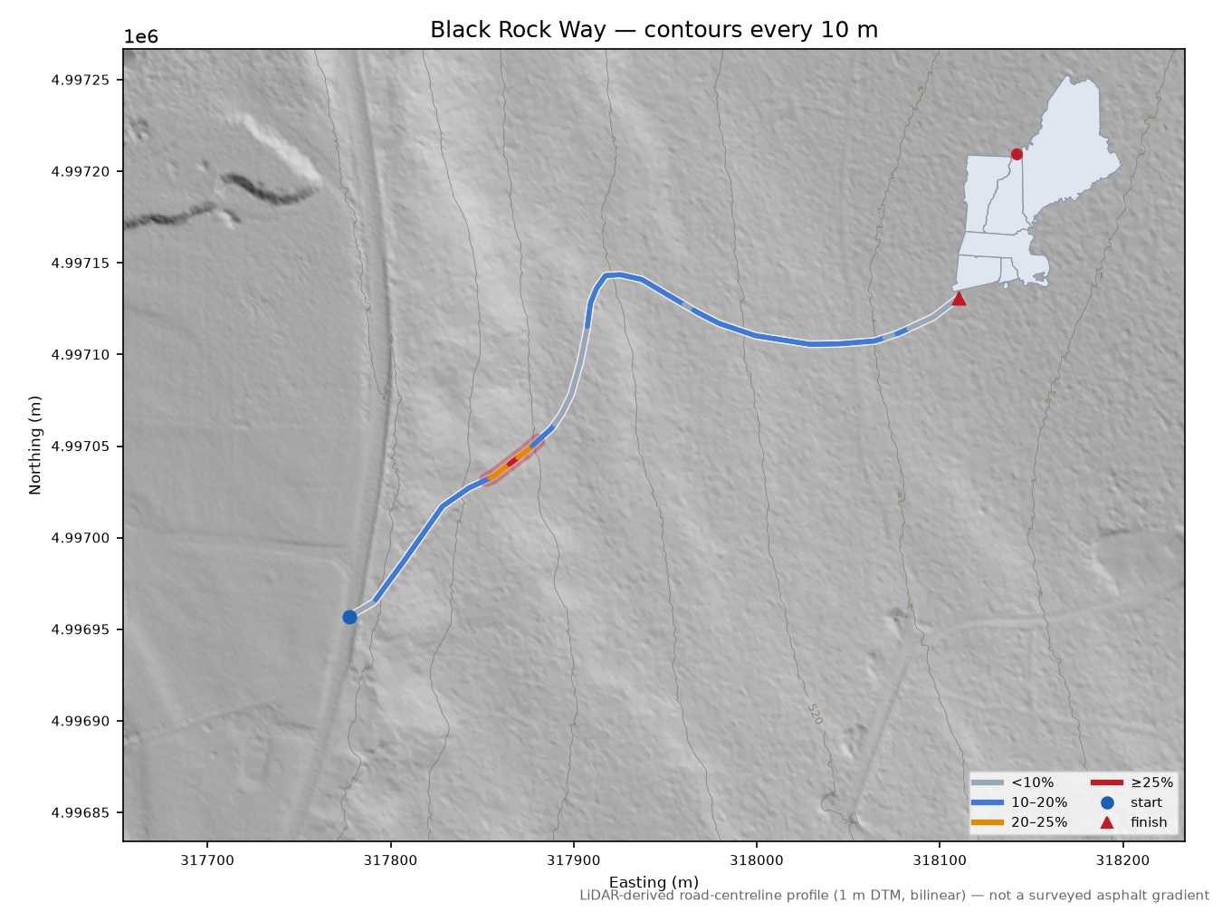 Black Rock Way LiDAR hillshade map with contours