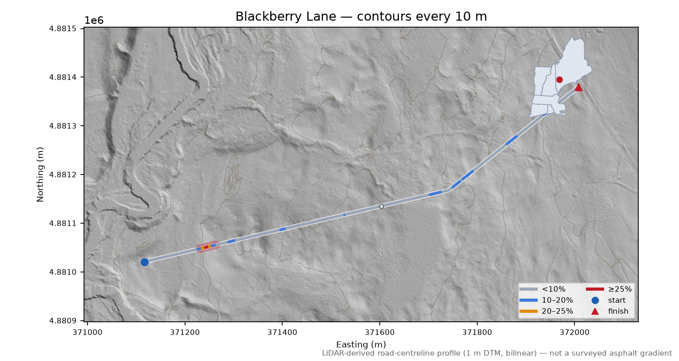 Blackberry Lane LiDAR hillshade map with contours