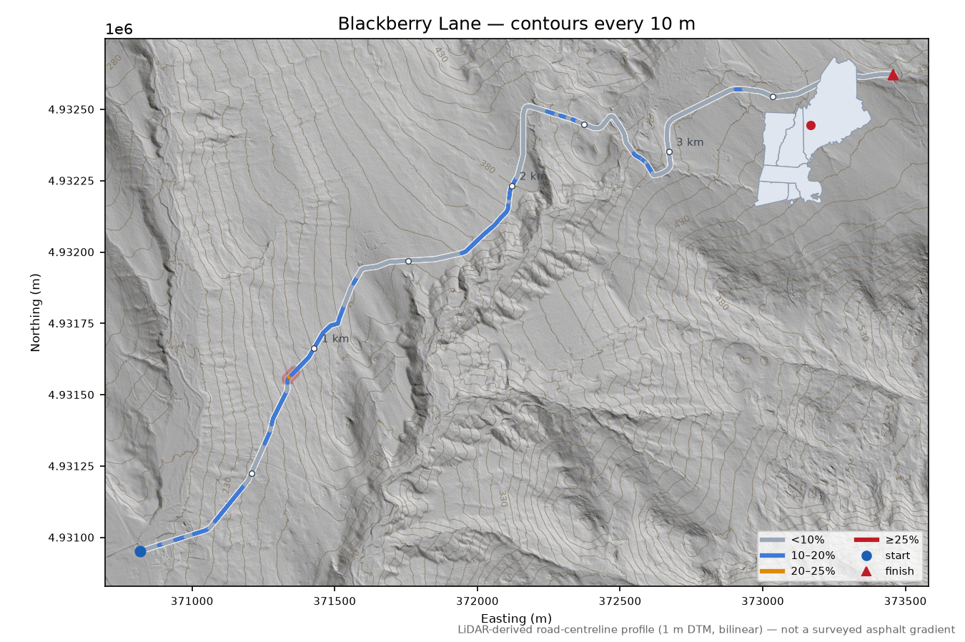 Blackberry Lane LiDAR hillshade map with contours