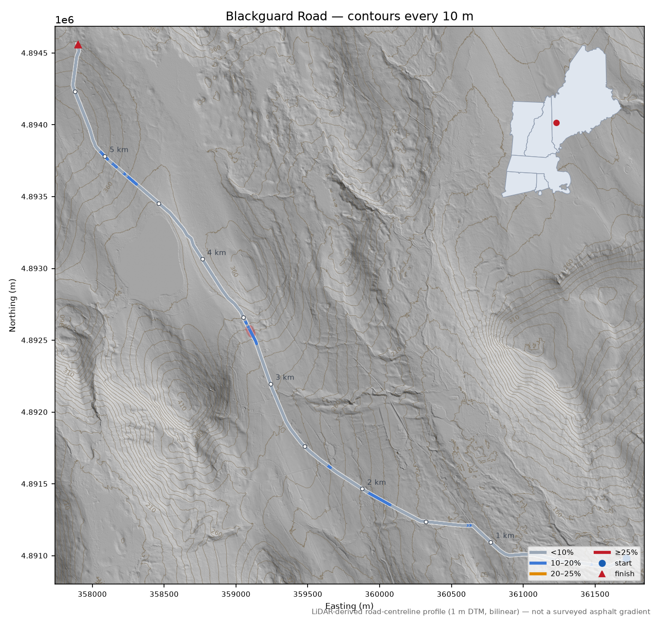 Blackguard Road LiDAR hillshade map with contours