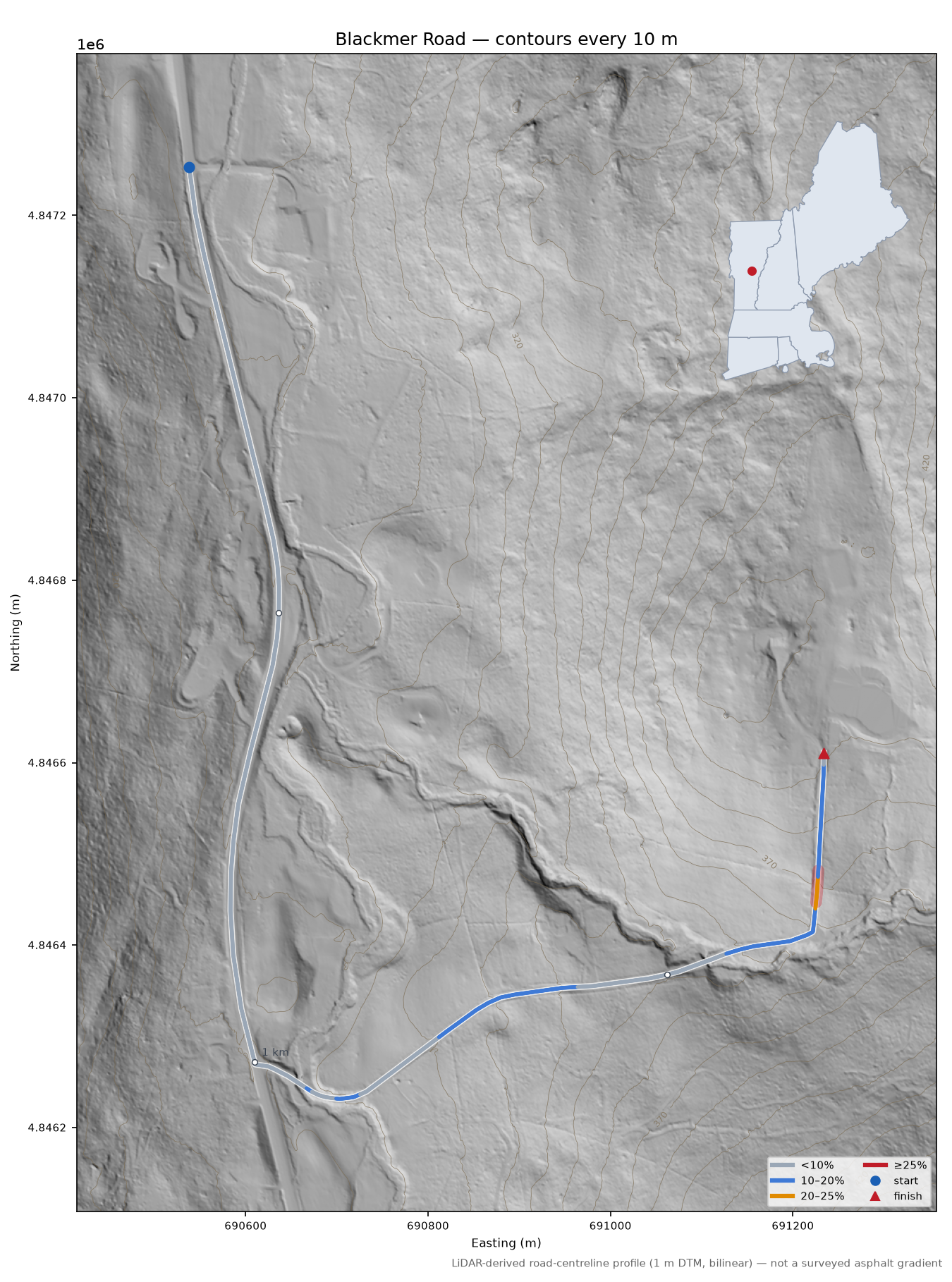 Blackmer Road LiDAR hillshade map with contours