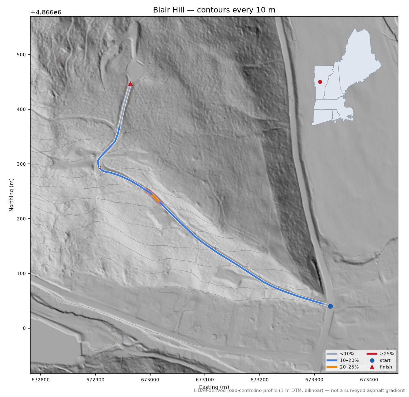 Blair Hill LiDAR hillshade map with contours