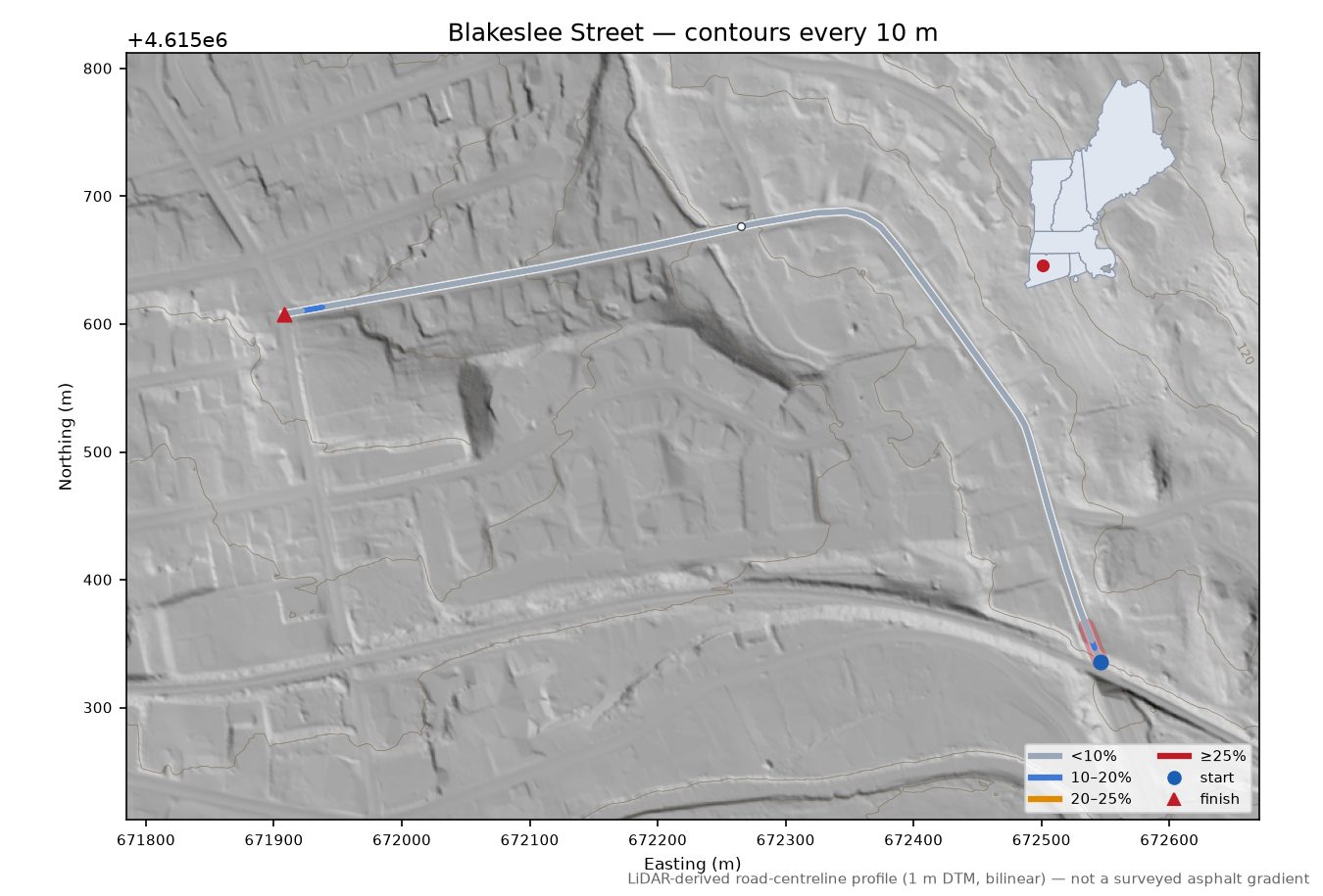Blakeslee Street LiDAR hillshade map with contours