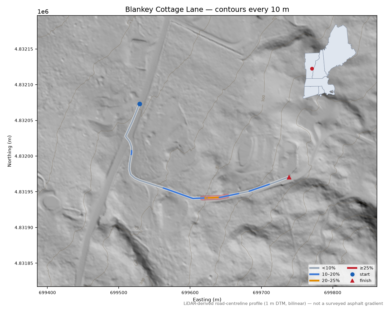 Blankey Cottage Lane LiDAR hillshade map with contours