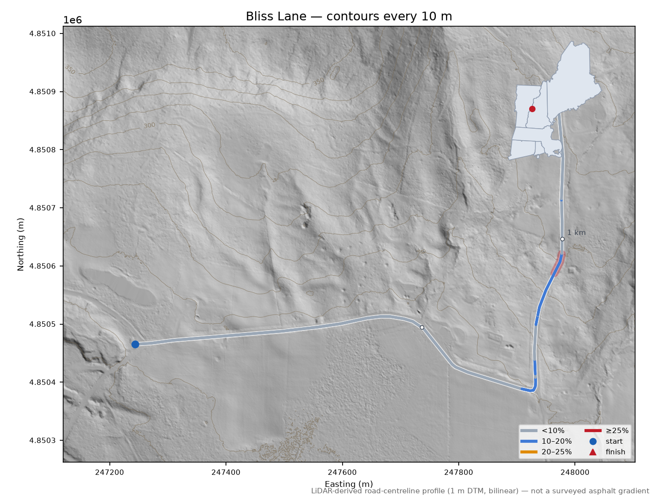 Bliss Lane LiDAR hillshade map with contours