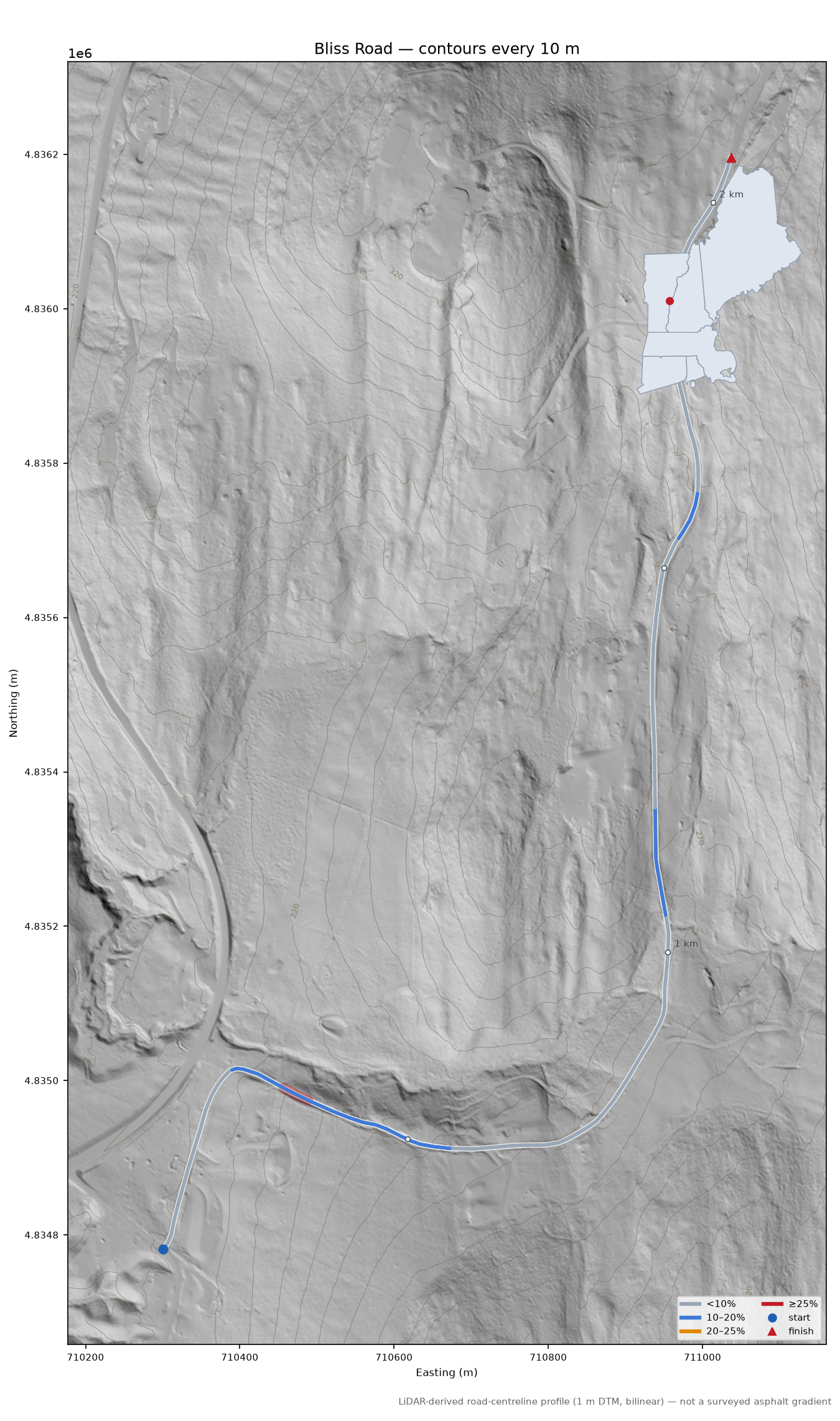 Bliss Road LiDAR hillshade map with contours