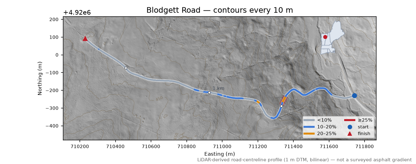 Blodgett Road LiDAR hillshade map with contours