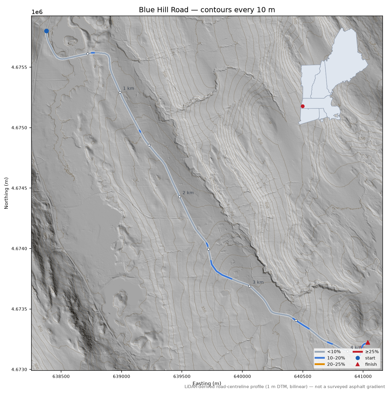 Blue Hill Road LiDAR hillshade map with contours