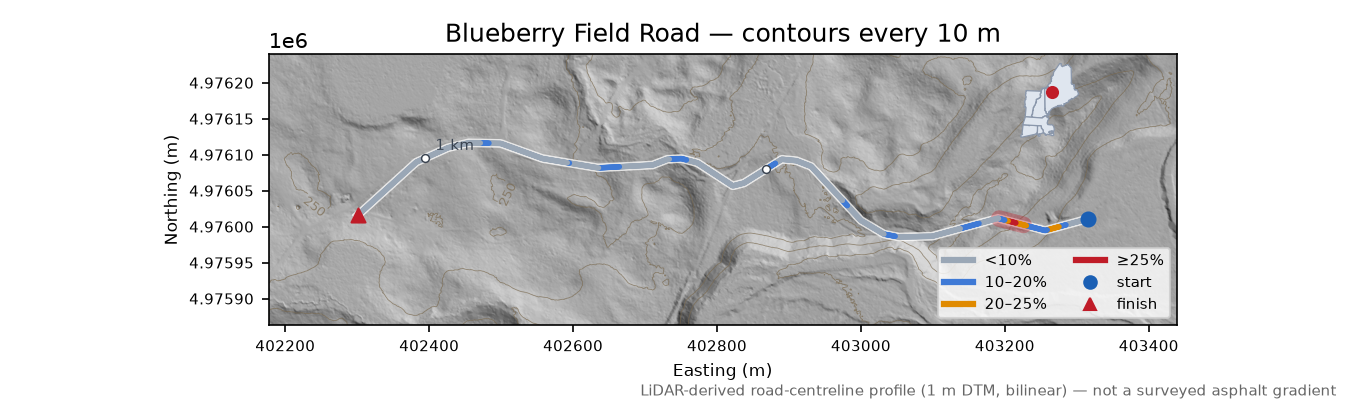 Blueberry Field Road LiDAR hillshade map with contours