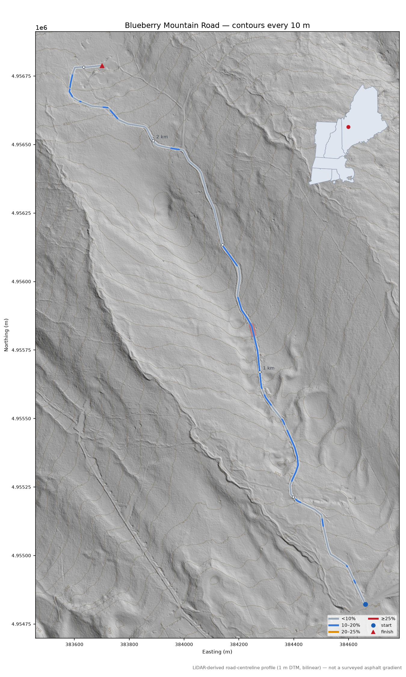 Blueberry Mountain Road LiDAR hillshade map with contours