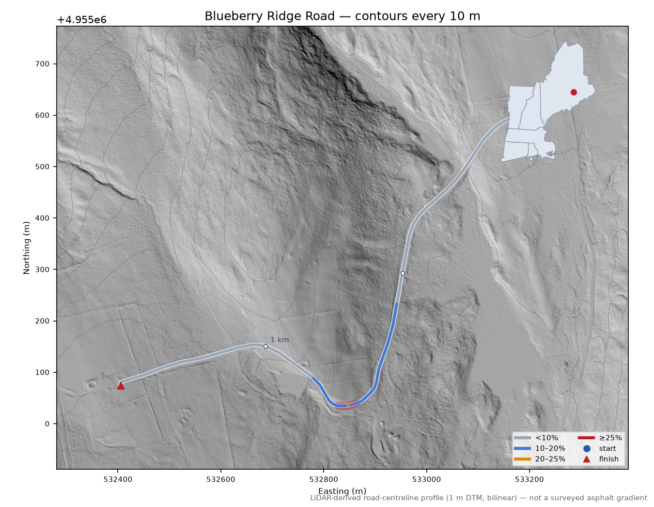 Blueberry Ridge Road LiDAR hillshade map with contours