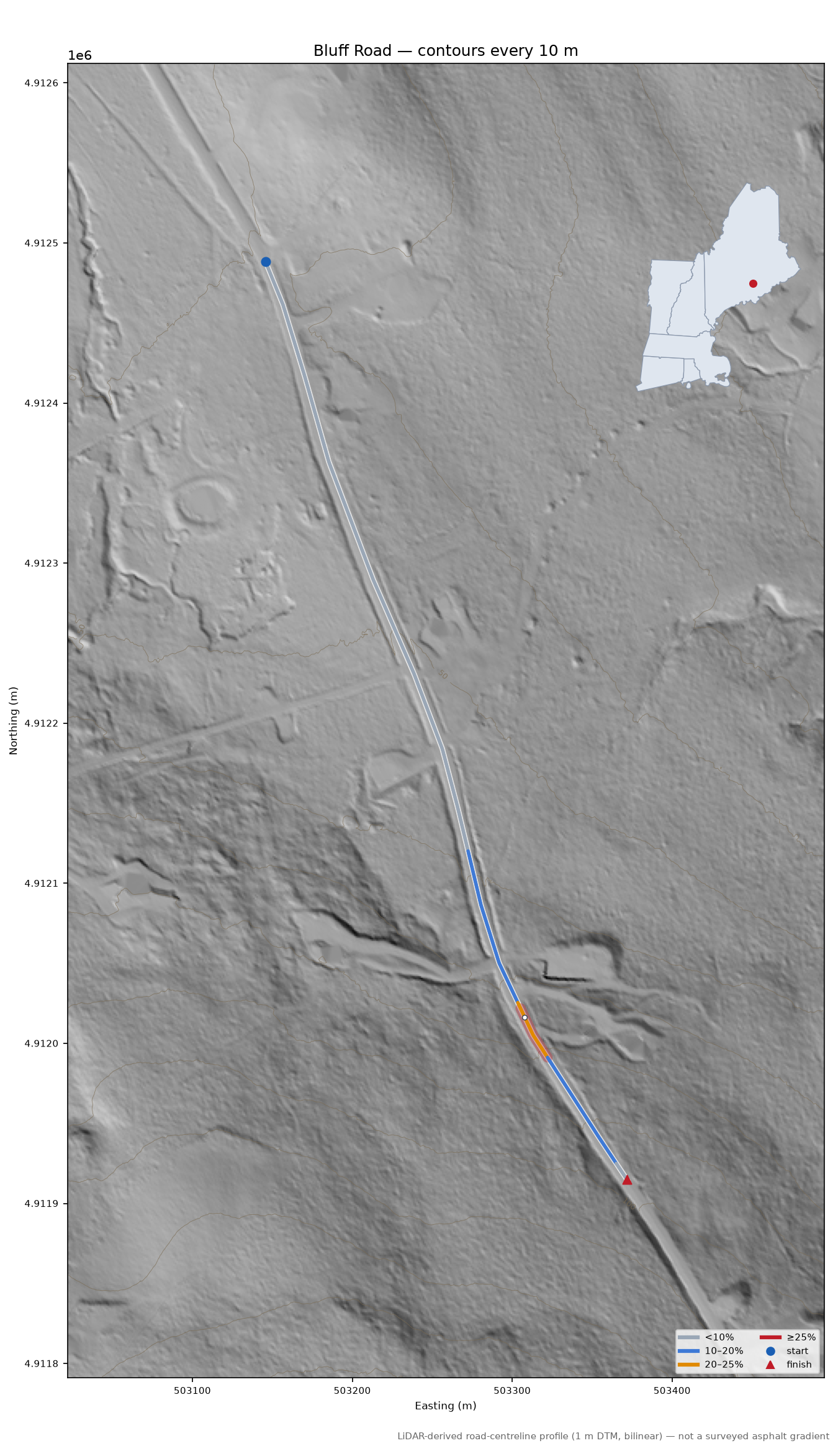 Bluff Road LiDAR hillshade map with contours