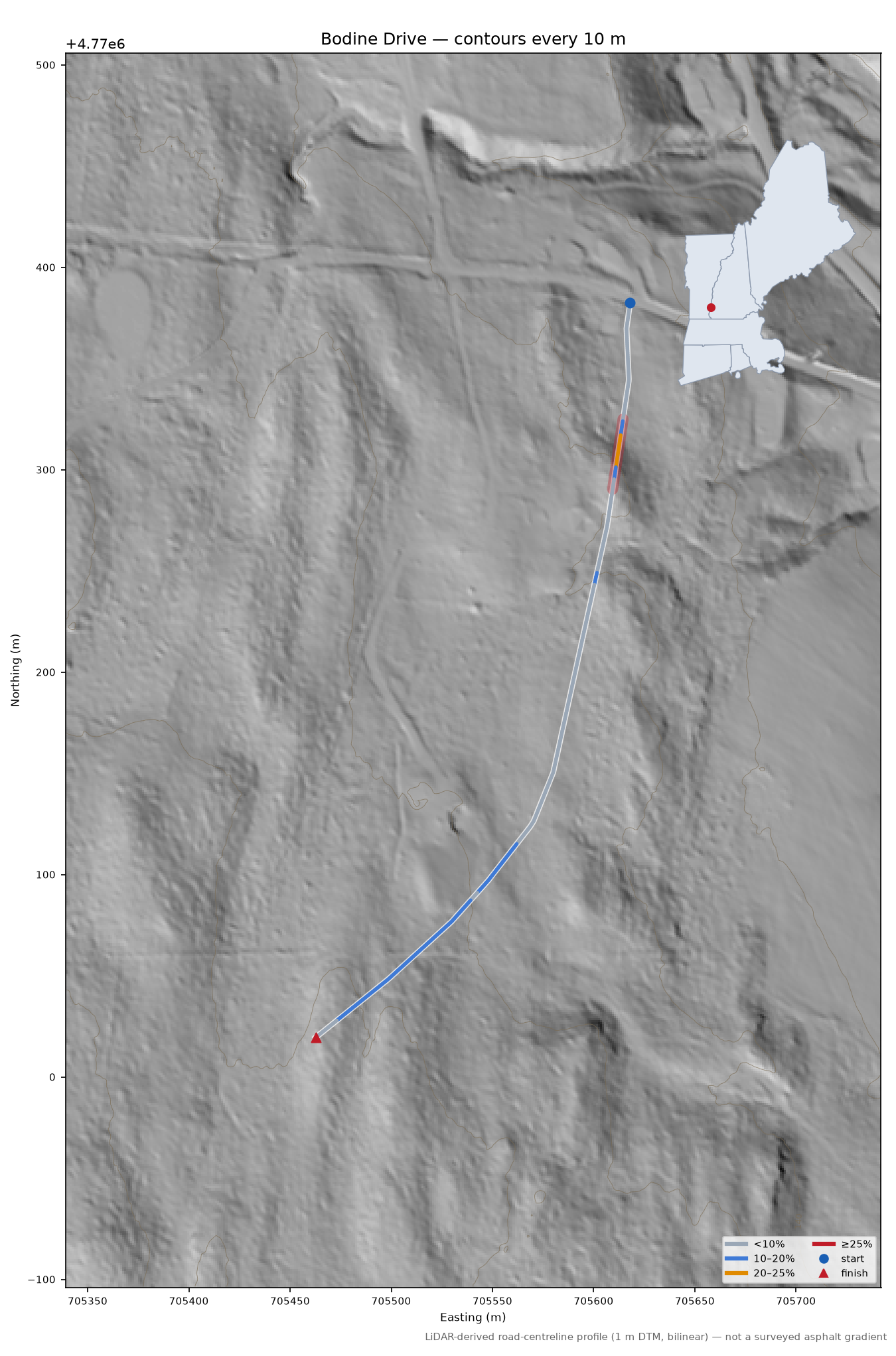 Bodine Drive LiDAR hillshade map with contours