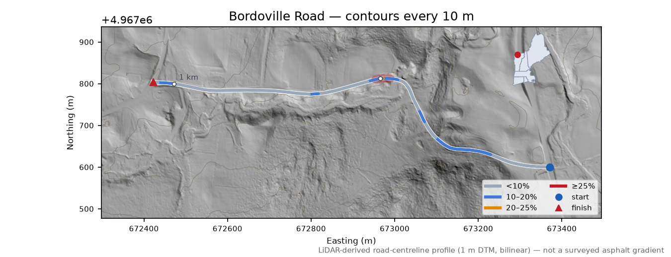 Bordoville Road LiDAR hillshade map with contours