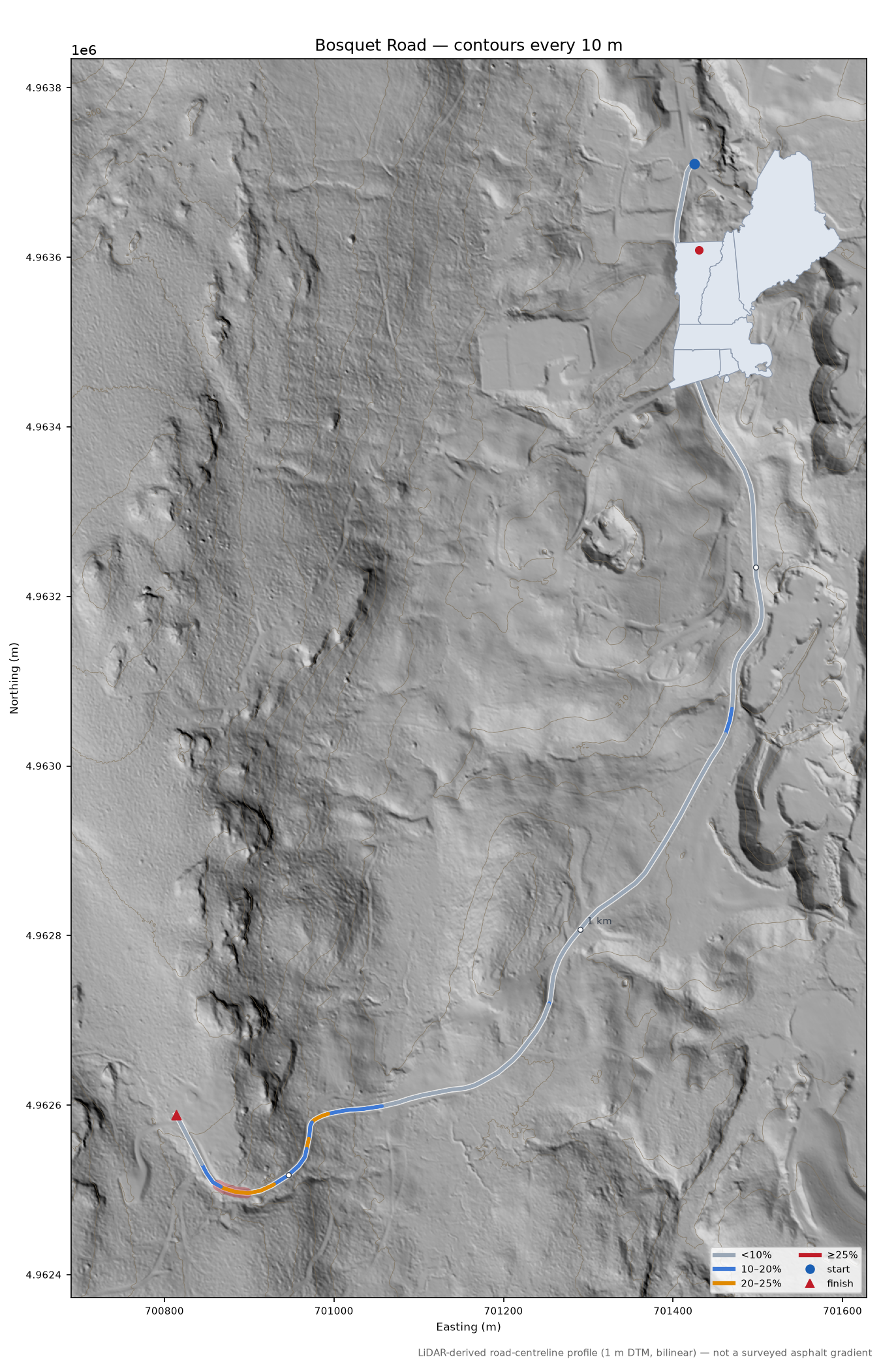 Bosquet Road LiDAR hillshade map with contours