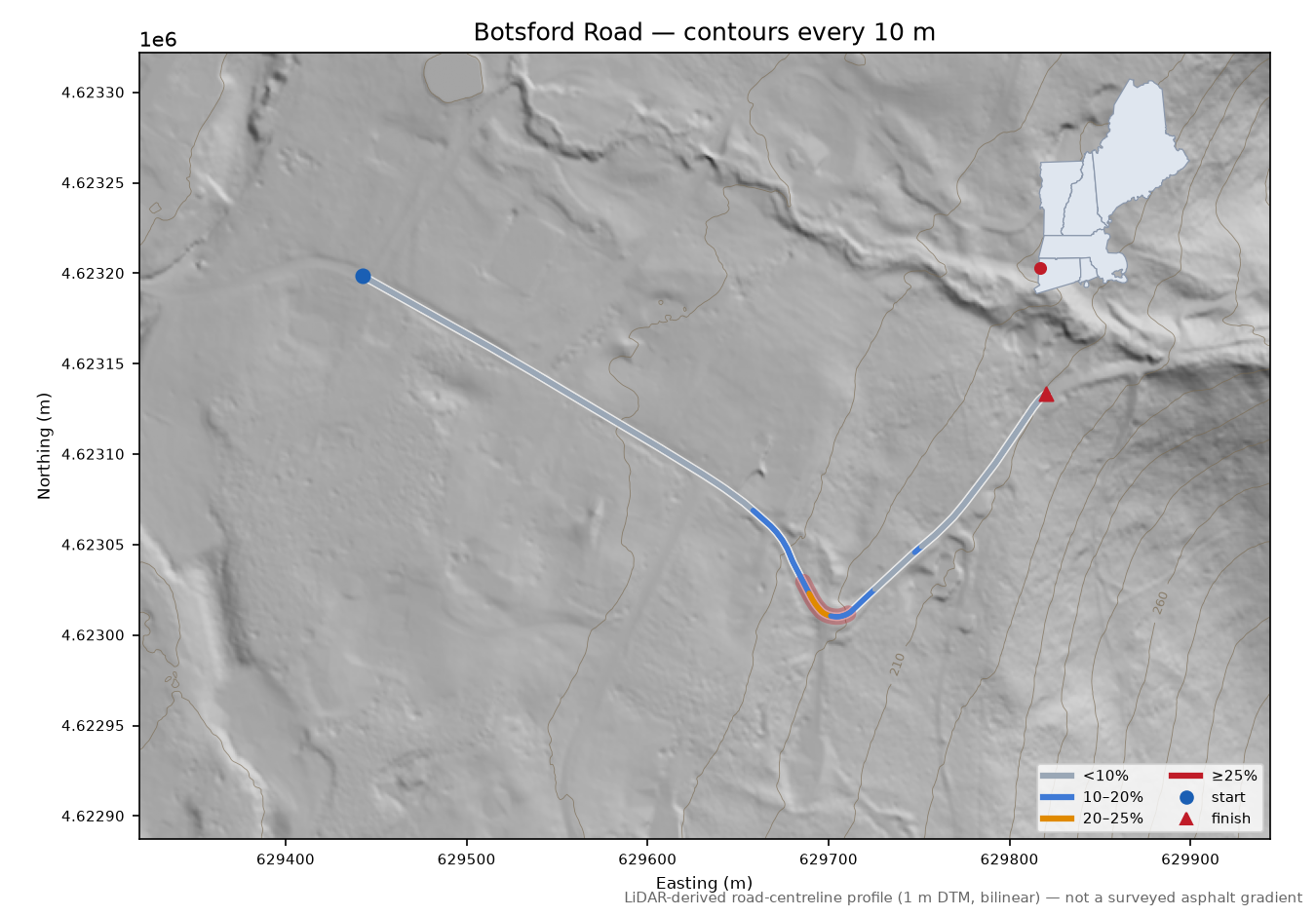 Botsford Road LiDAR hillshade map with contours