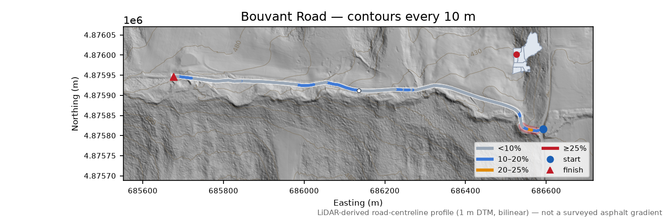 Bouvant Road LiDAR hillshade map with contours