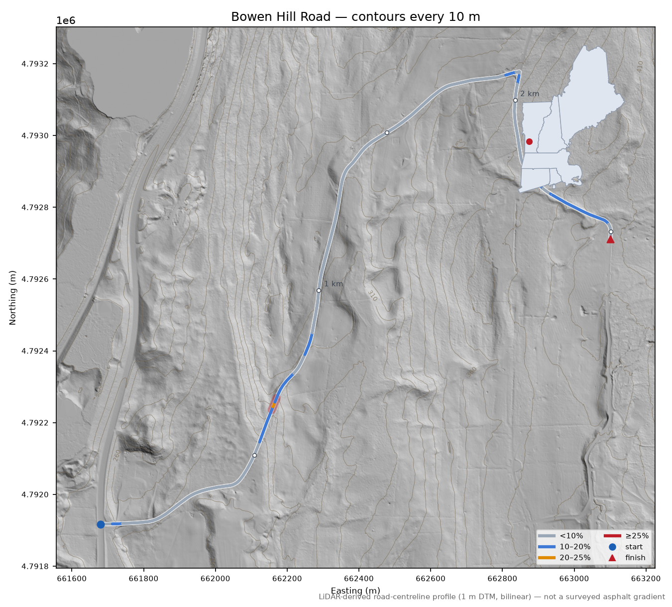 Bowen Hill Road LiDAR hillshade map with contours