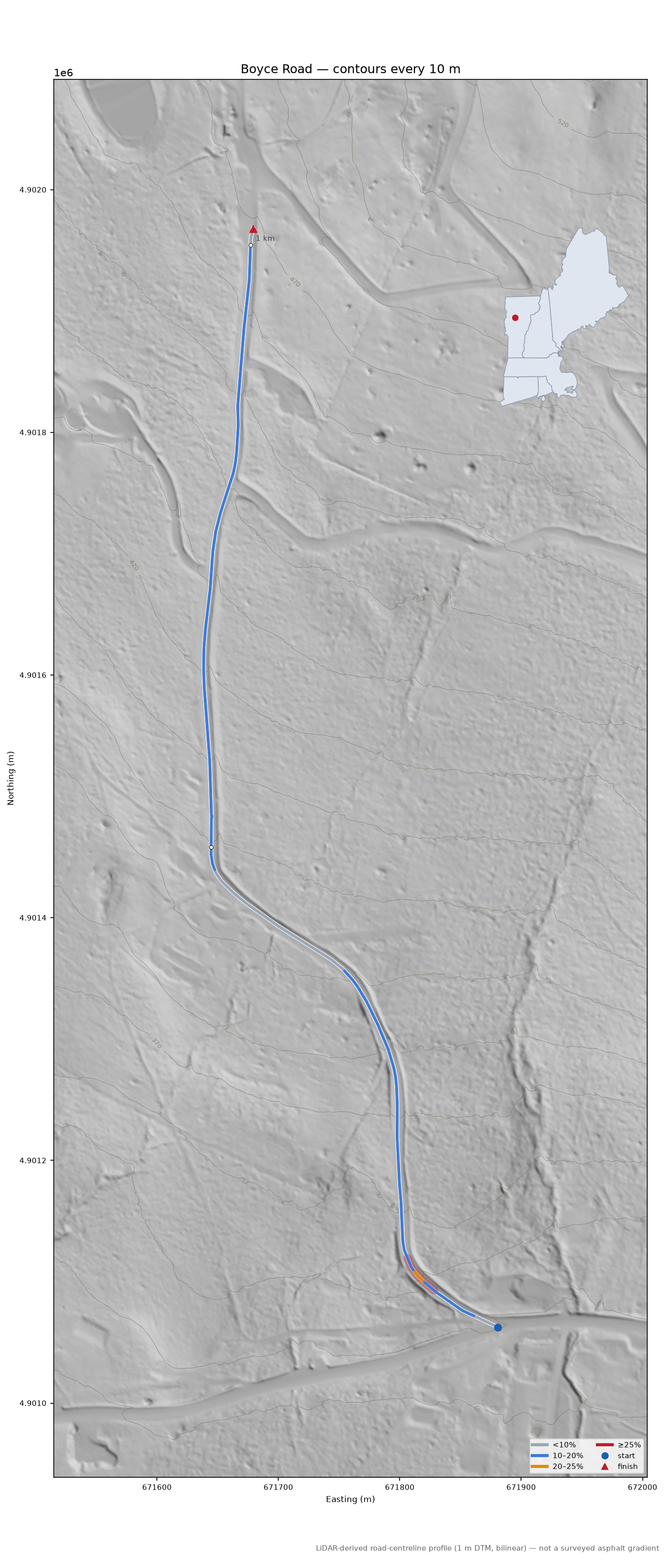 Boyce Road LiDAR hillshade map with contours