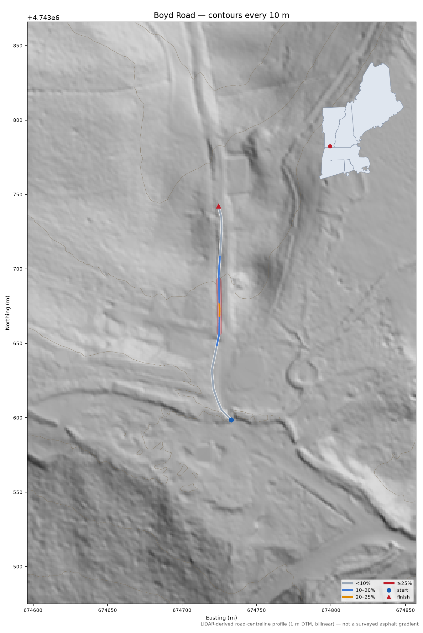 Boyd Road LiDAR hillshade map with contours