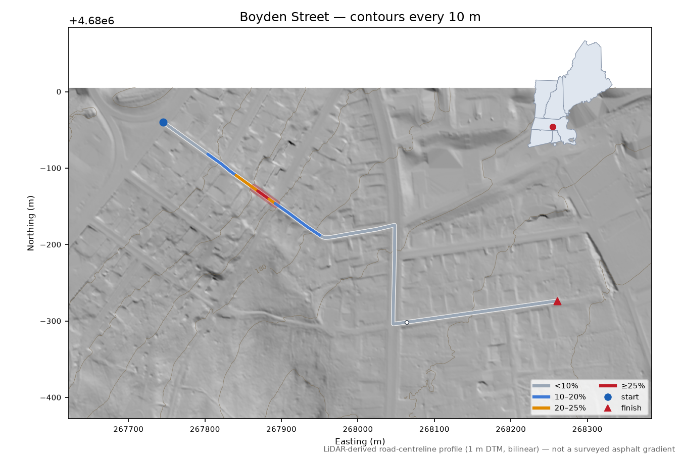 Boyden Street LiDAR hillshade map with contours