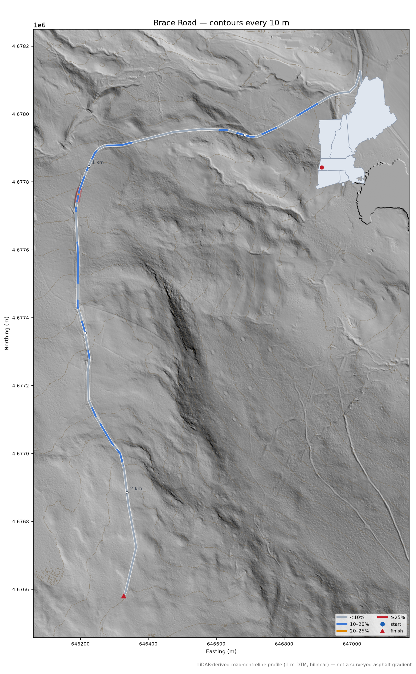 Brace Road LiDAR hillshade map with contours