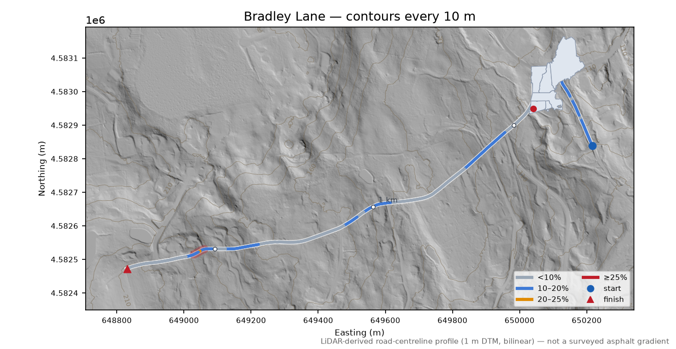 Bradley Lane LiDAR hillshade map with contours