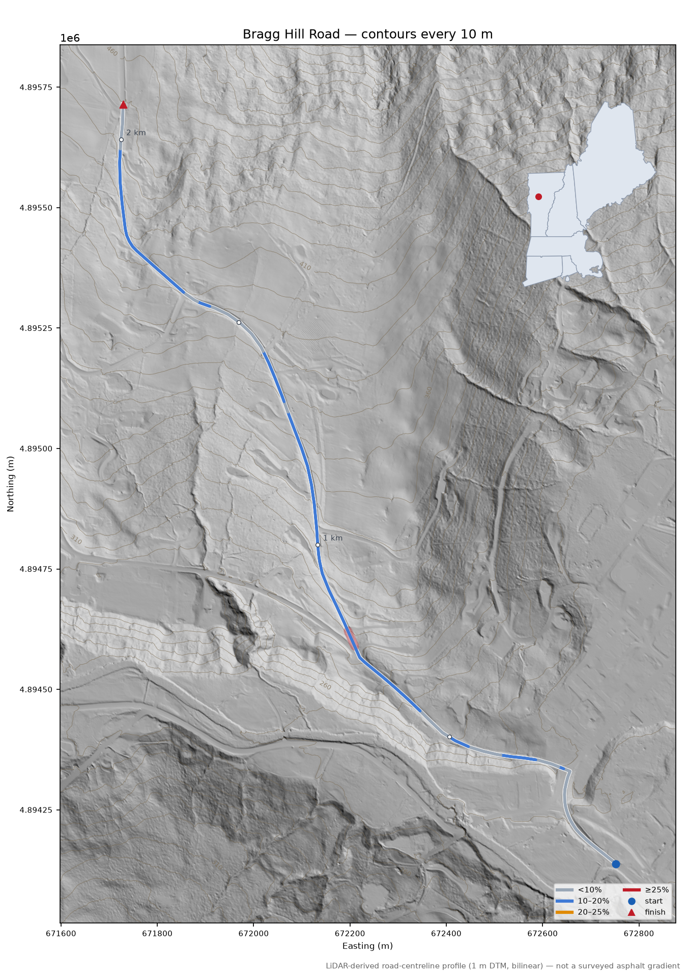 Bragg Hill Road LiDAR hillshade map with contours