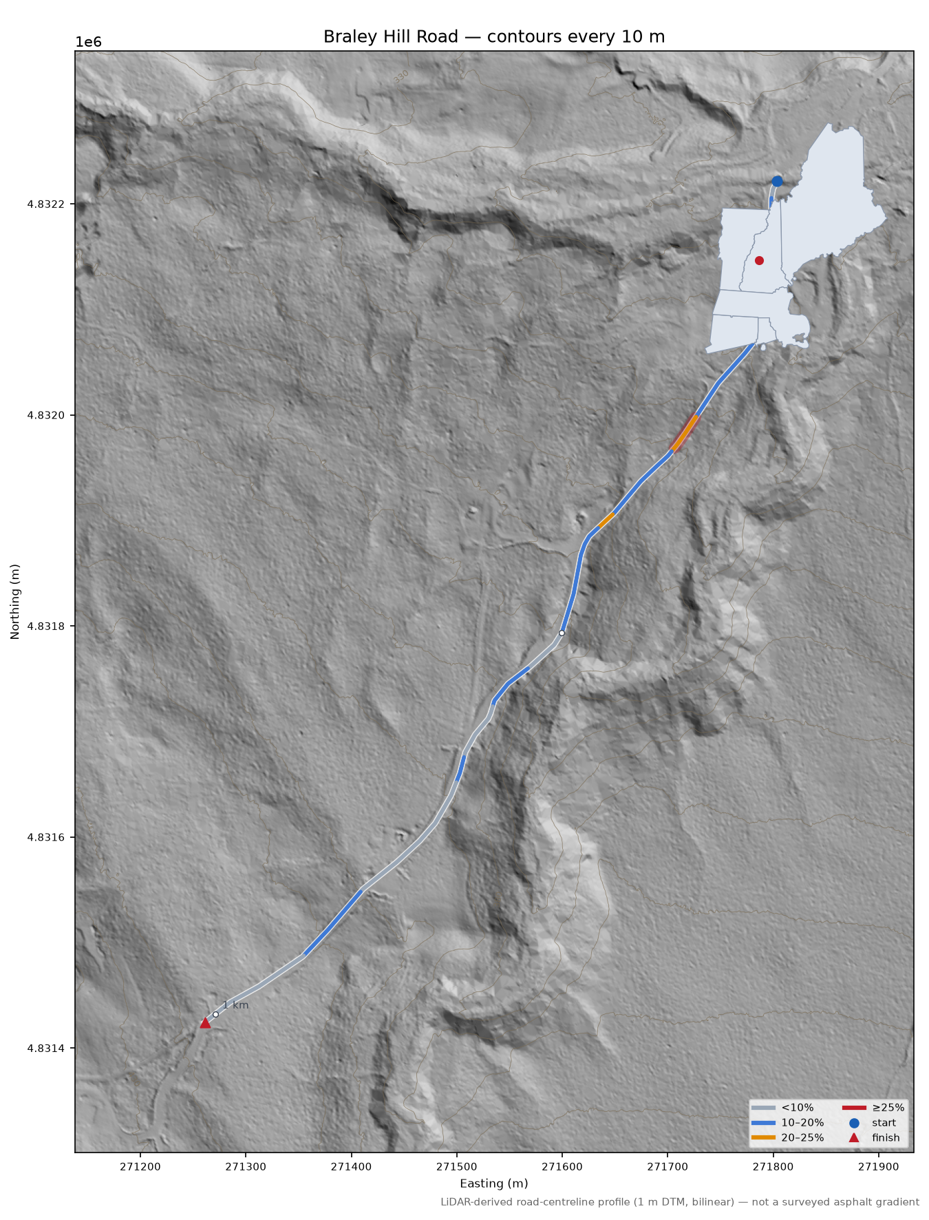 Braley Hill Road LiDAR hillshade map with contours