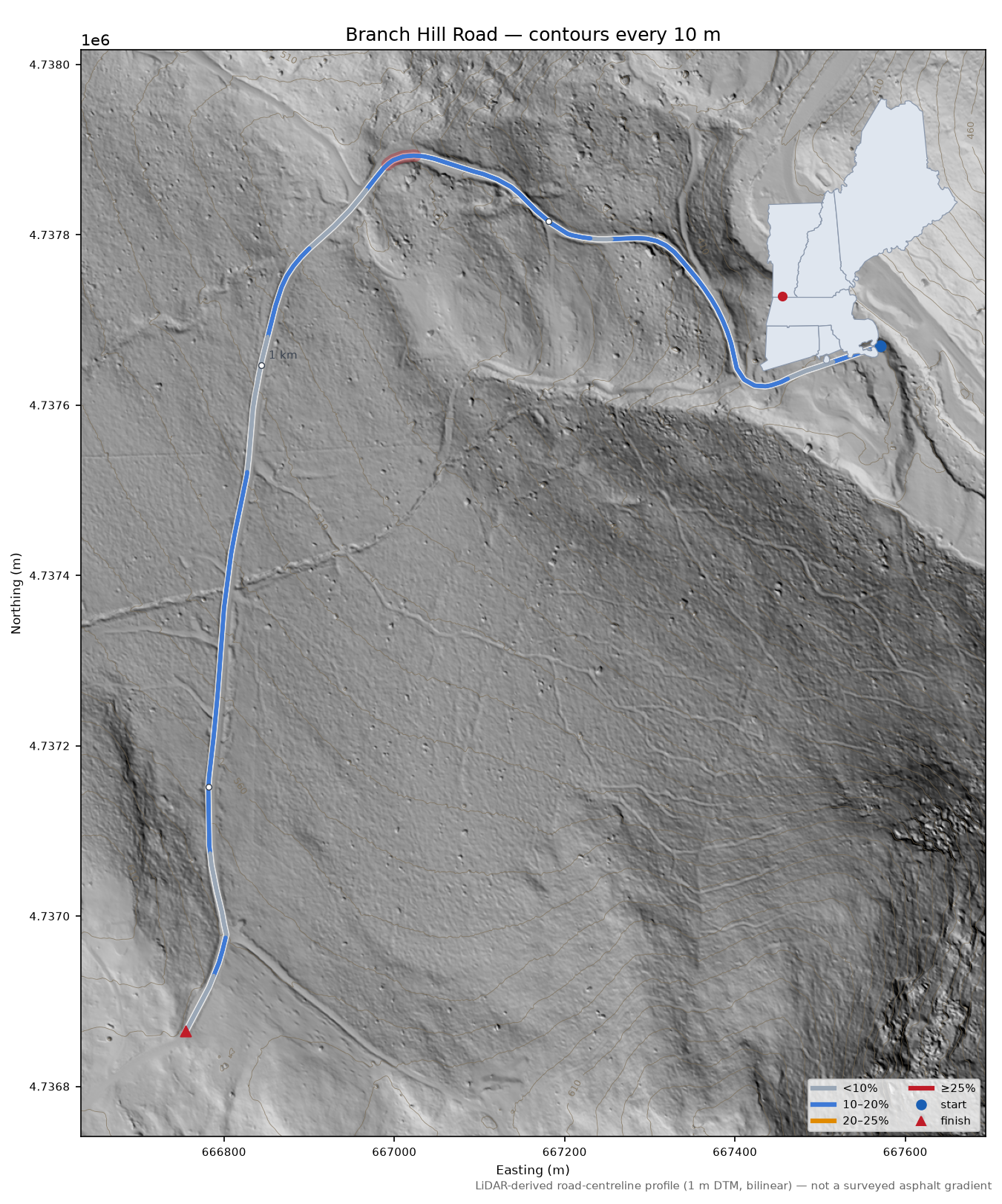 Branch Hill Road LiDAR hillshade map with contours