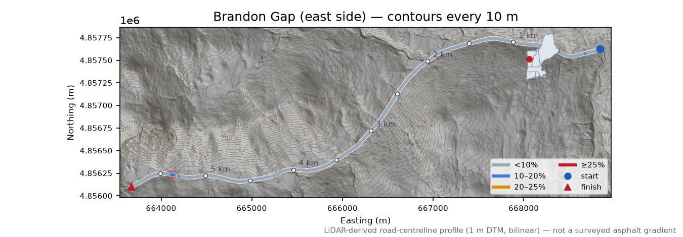 Brandon Gap (east side) LiDAR hillshade map with contours