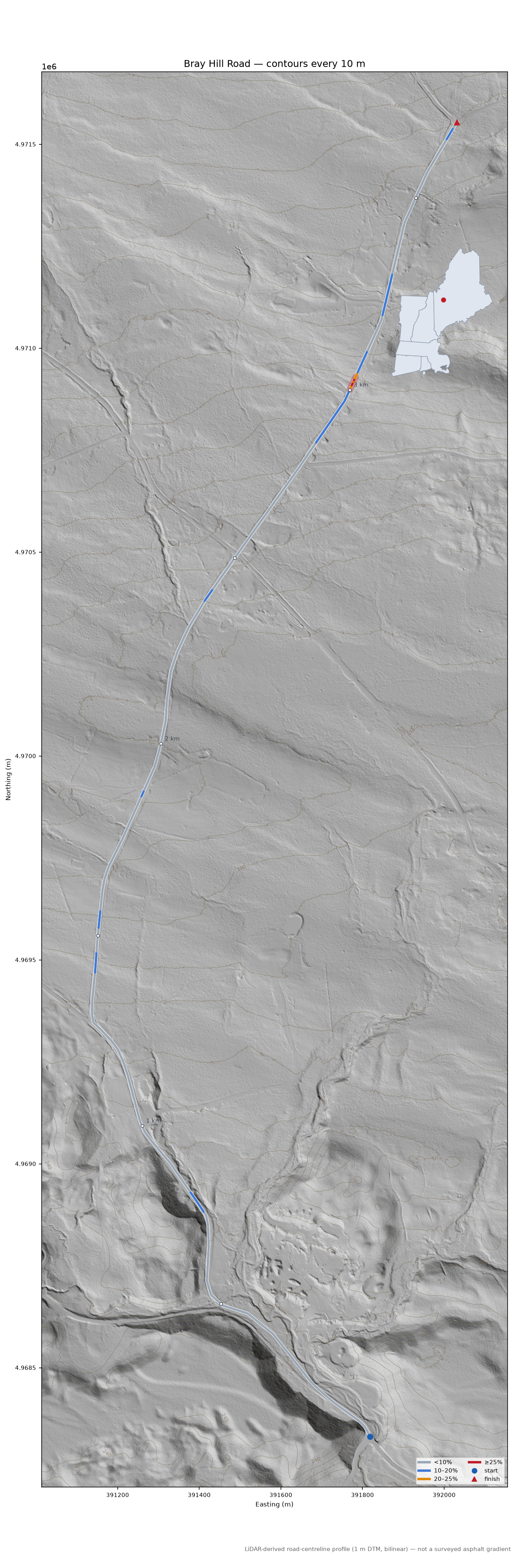 Bray Hill Road LiDAR hillshade map with contours