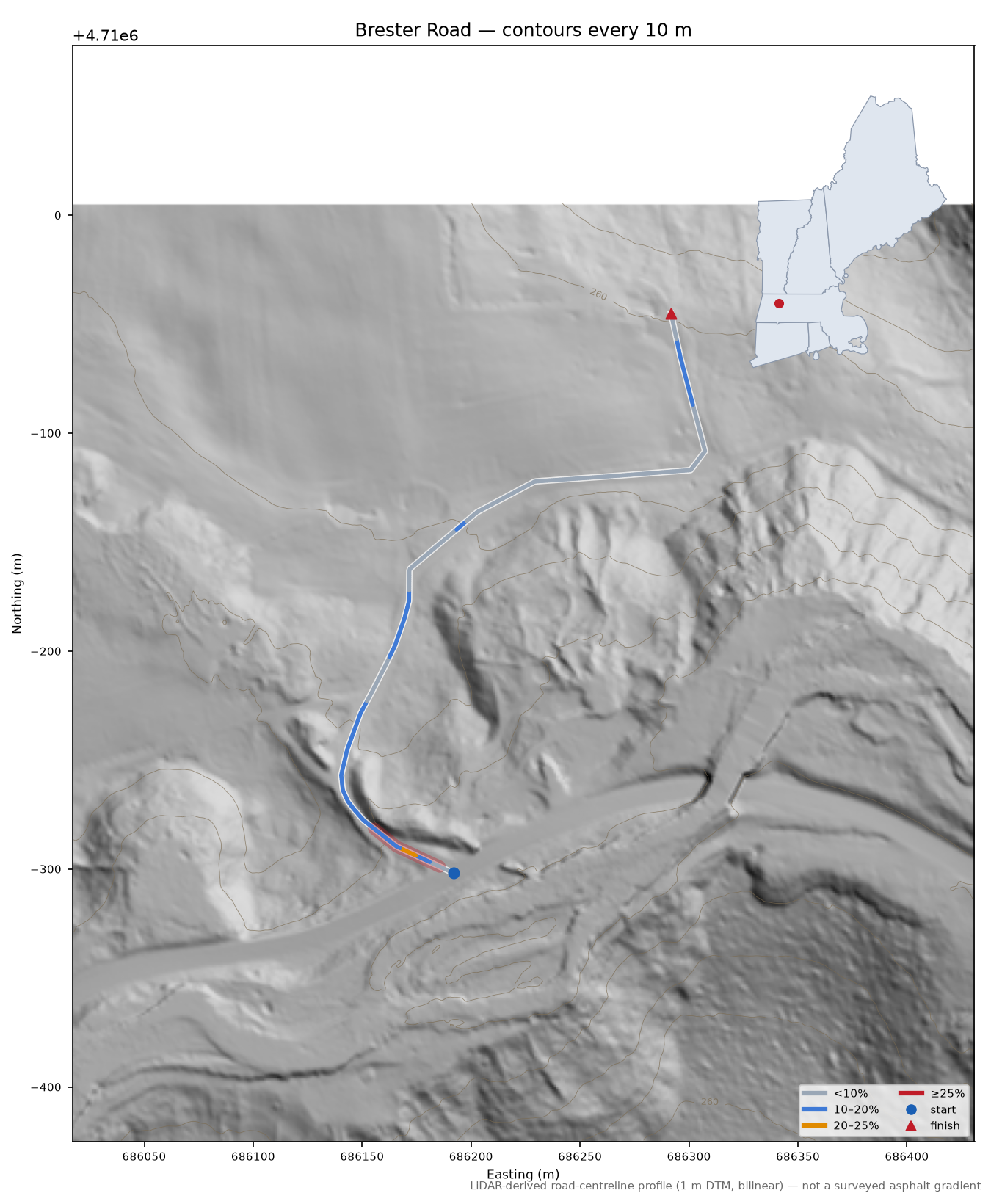 Brester Road LiDAR hillshade map with contours
