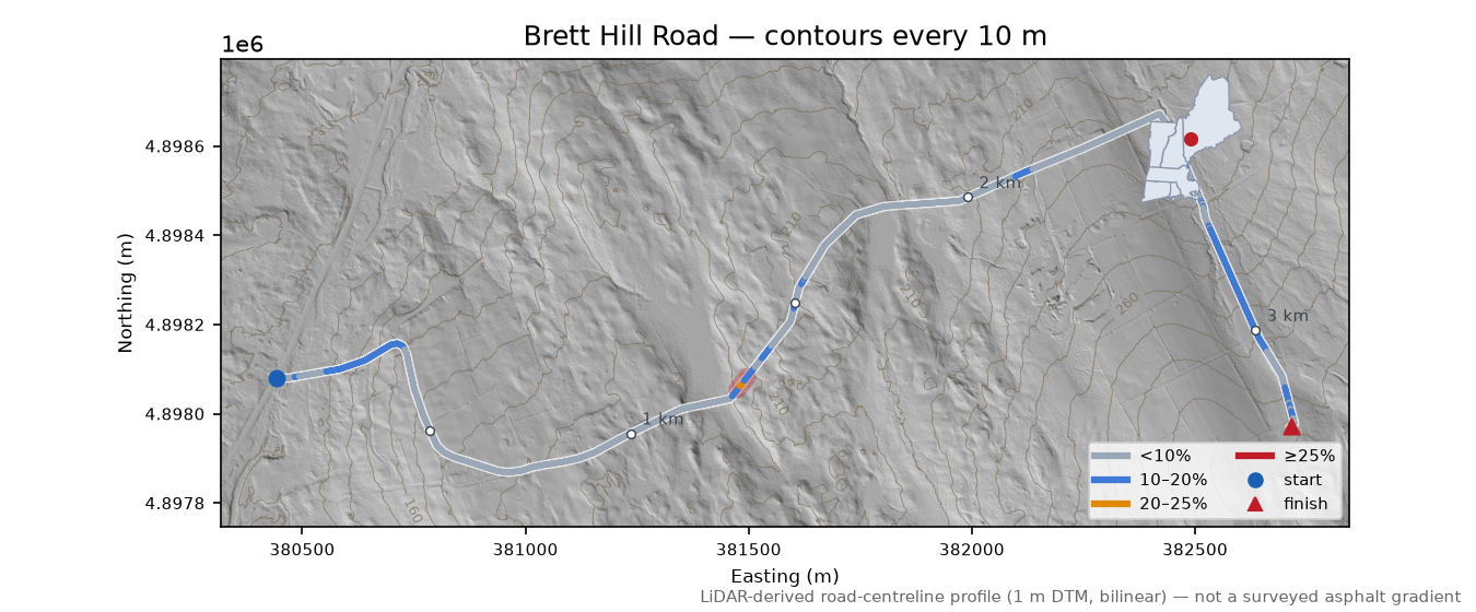 Brett Hill Road LiDAR hillshade map with contours
